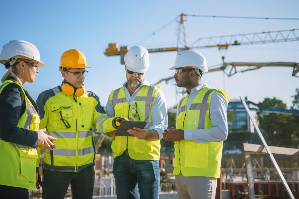 Diverse Team of Specialists Use Tablet Computer on Construction Site. Real Estate Building Project with Civil Engineer, Architect, Business Investor and General Worker Discussing Plan Details.