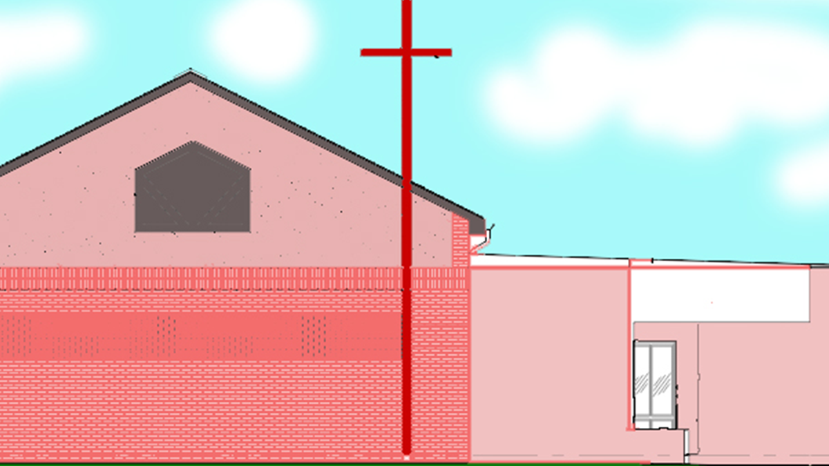 An illustration of a house with a cross